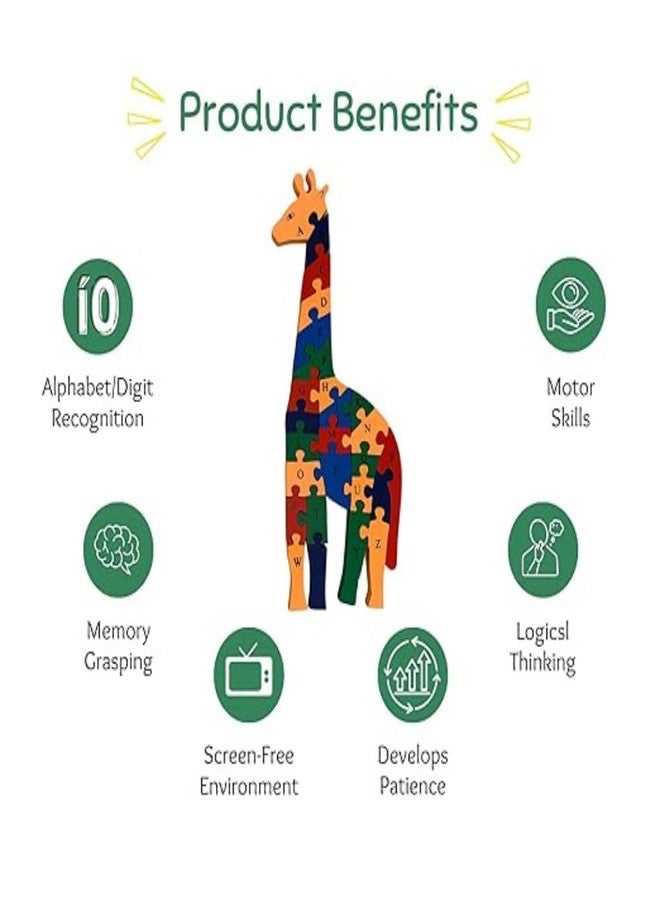 SubiMouIQ Animal Shaped Wooden Jigsaw Puzzles - Alphabet & Numbers Learning Toy for Kids || Educational Puzzle for Toddlers, Early Learning Activity || Educational Gift (Giraffe) - Image 4